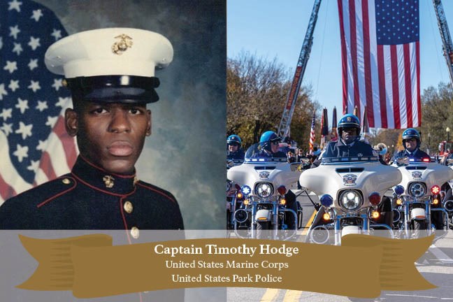 Captain Timothy Hodge Split screen image of Captain Timothy Hodge in the Marines and today.