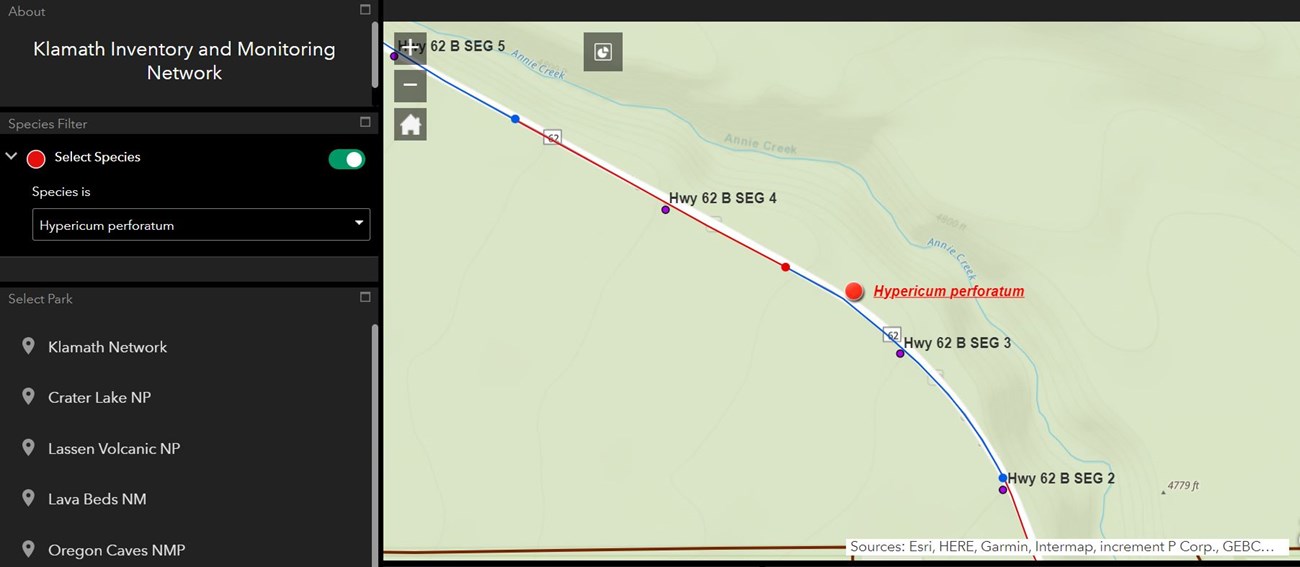 Screenshot of a data dashboard showing a map of species locations and a drop down menu.