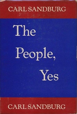 Image of book cover of Carl Sandburg's The People Yes, with blue background in center and red bars at top and bottom of image