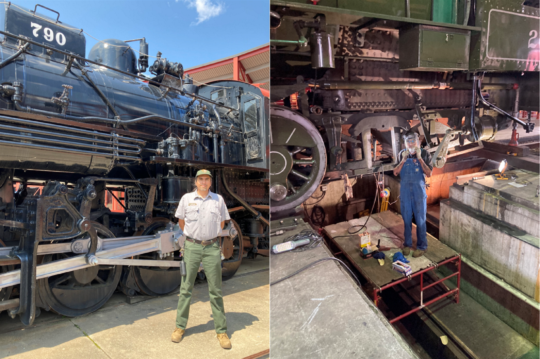 Carlos on duty at Steamtown National Historic Site side by side images of Carlos Angeles, a Latino employee at Steamtown. Left photo is outdoors in front of a train, right photo is in the loco shop