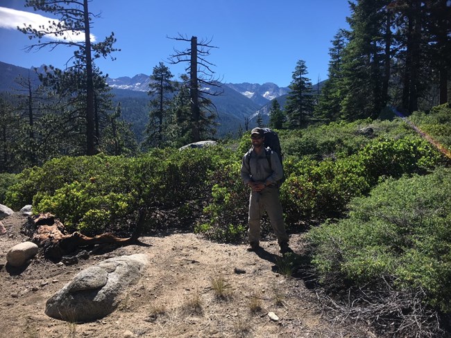 Chris Carpenter, Engineer Week Spotlight Chris Carpenter wearing a backpacking pack with trekking poles standing among trees.