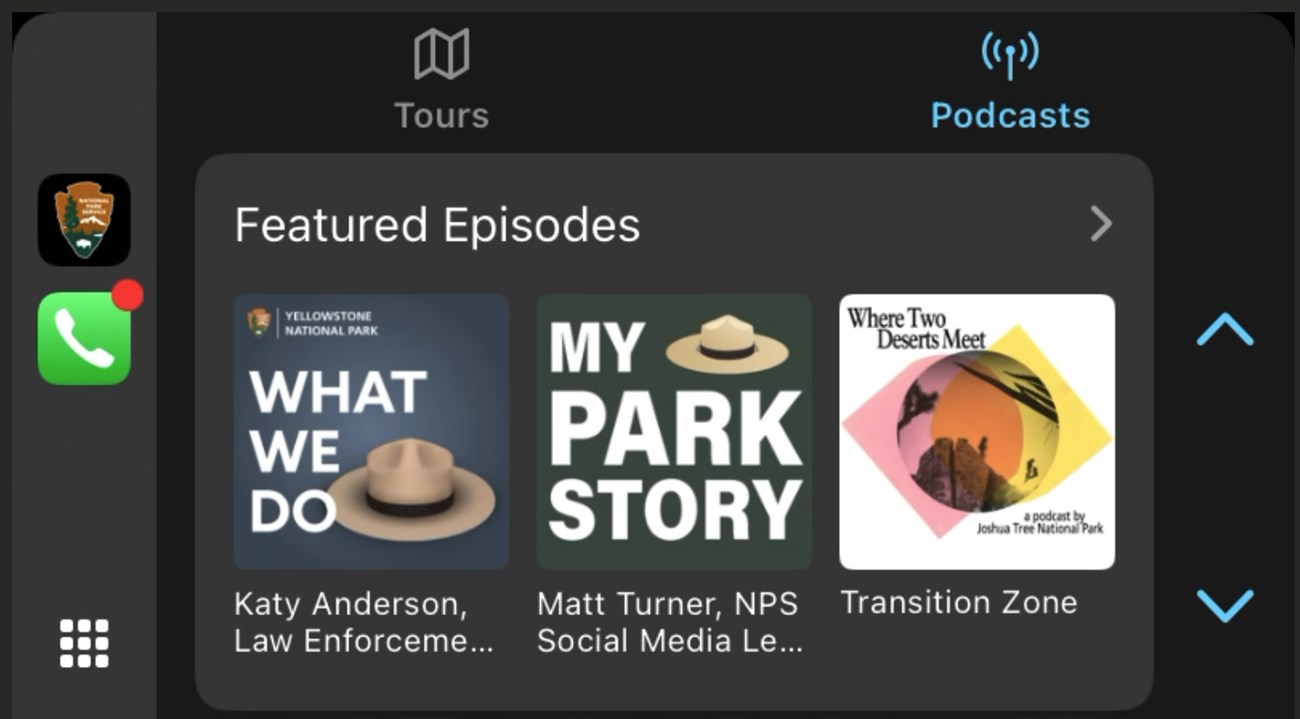 CarPlay A CarPlay Screen with the title Podcasts and three podcast options are showing, the first is called What We Do.