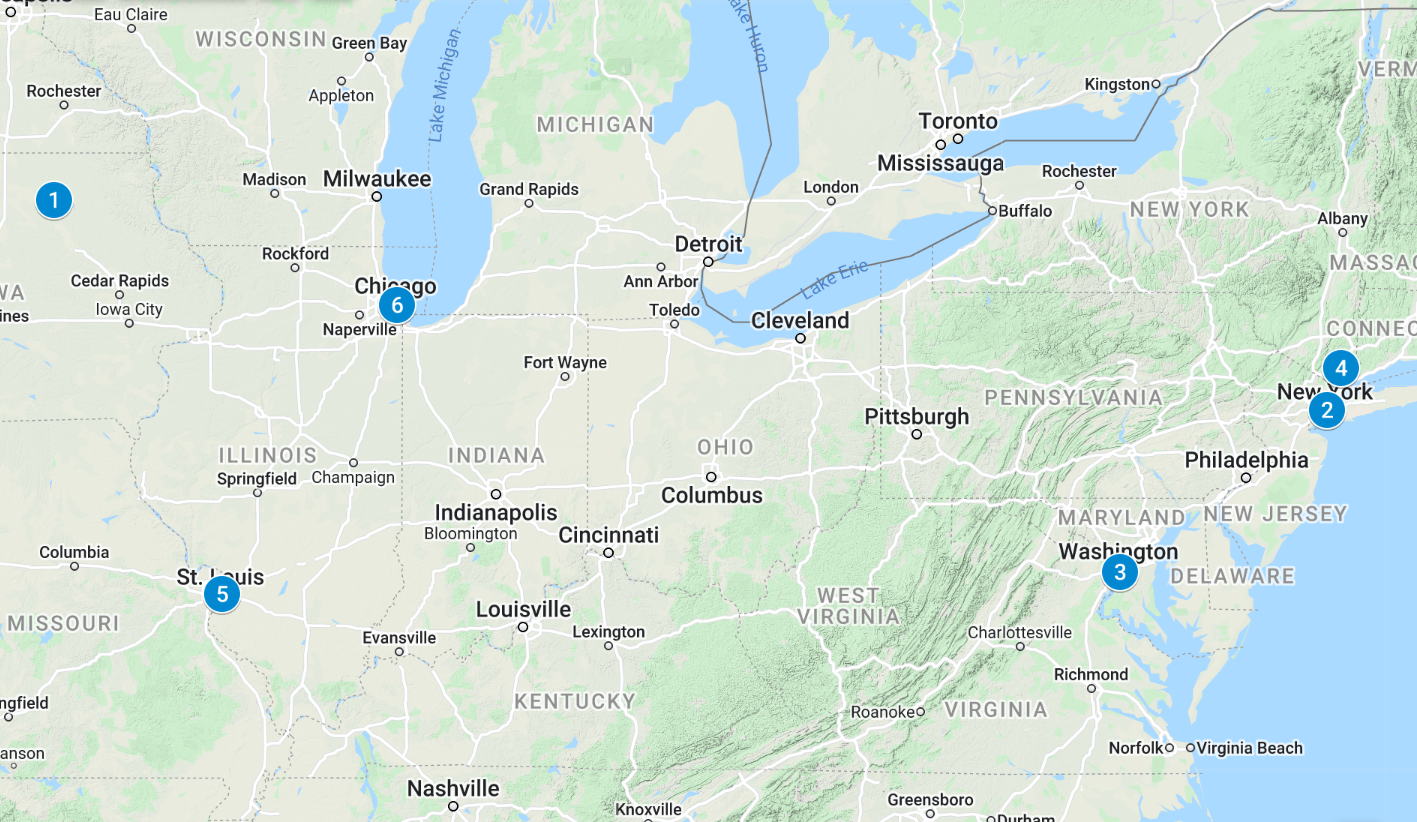 Topographic map of the Midwest and East Coast of the US showing blue numbered circles that correspond with the locations of the historic places featured in this article.