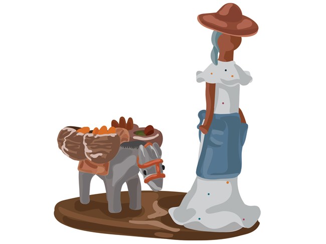 Drawing of a faceless doll wearing a brown hat and white dress with blue apron followed by a small donkey.
