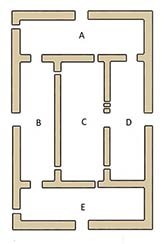 Casa Grande Labeled Rooms Thick tan lines outlined in black represent rooms with associated letters A-E