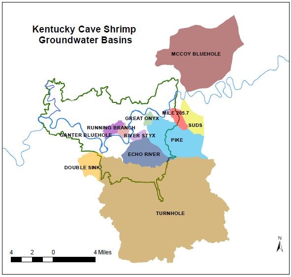 A map showing the range of the cave shrimp in reference to Mammoth Cave National Park.