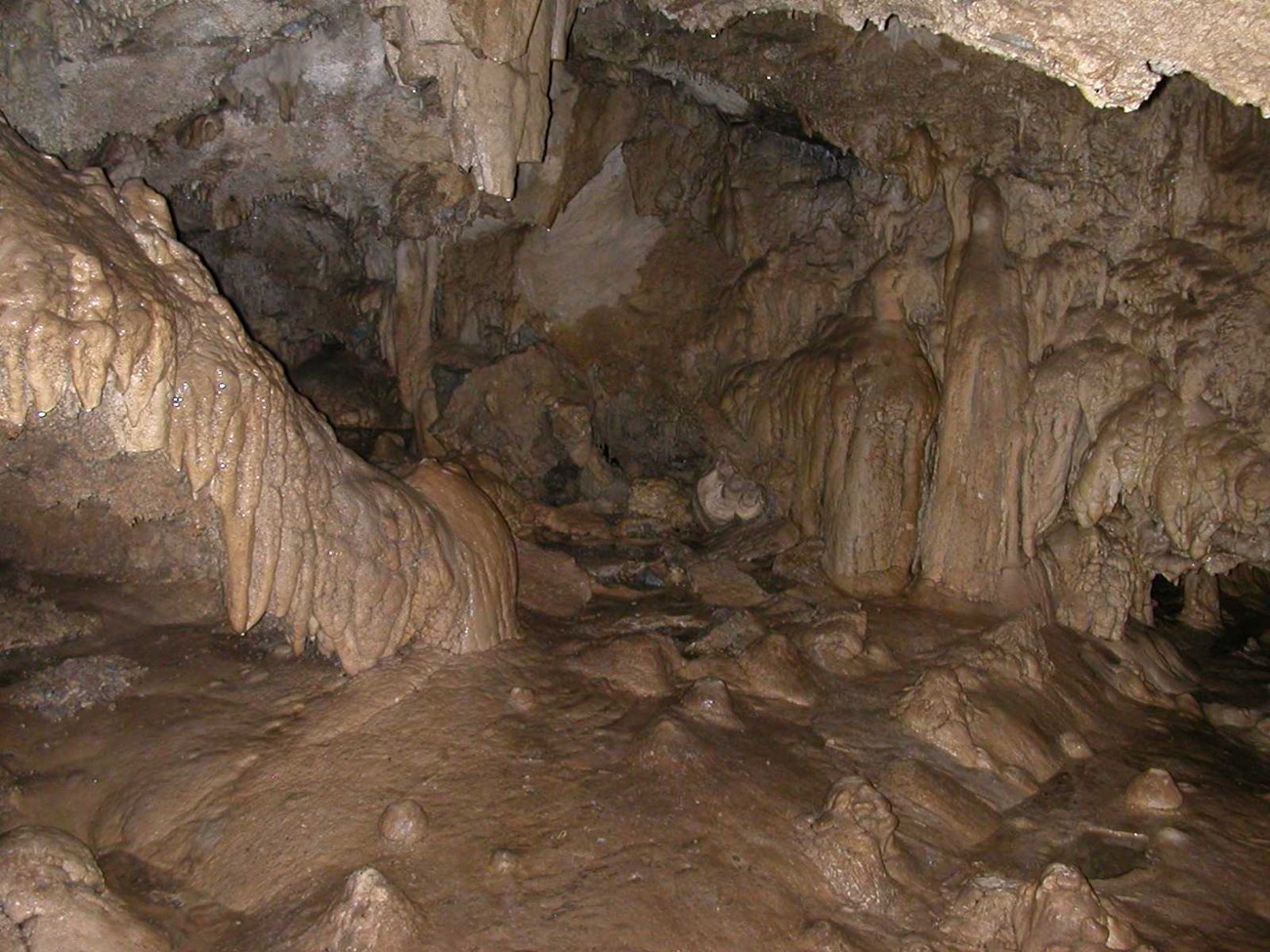 Interior of Oregon Caves Cave walls made of glistening white, brown, and gray marble formations.