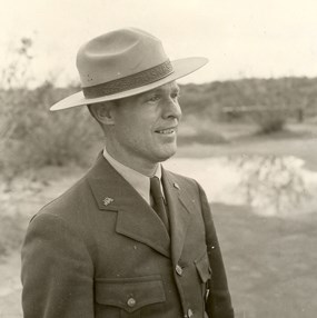 historic photo of man in ranger flat hat