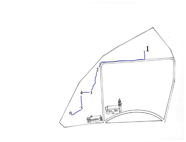 Map with pictures, numbers and lines connecting the numbers.