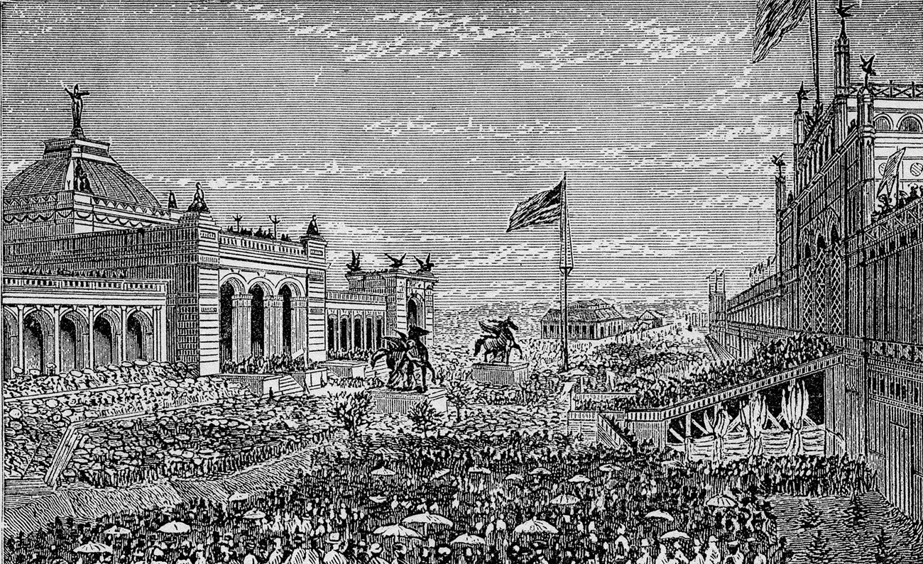1876 Centennial Exhibition Black and white drawing of thousands of people gathered in streets in an urban city.