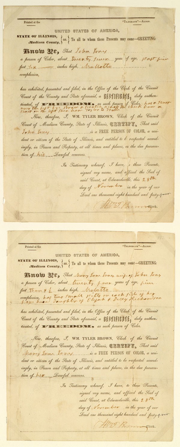 Certificates of Freedom for John Jones and Mary Jones Certificates of Freedom for John Jones and Mary Jones