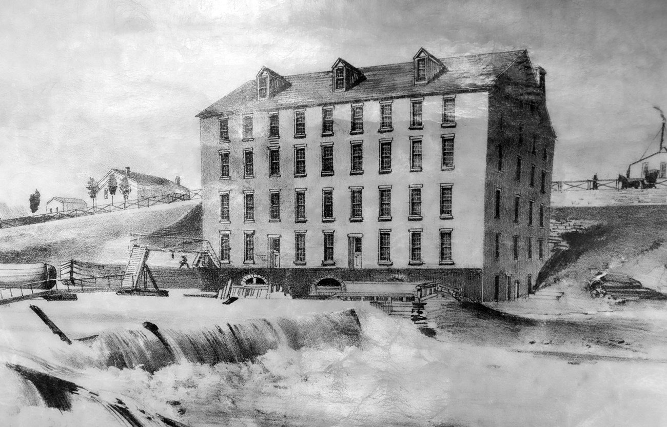 B&W etching of mill and canal