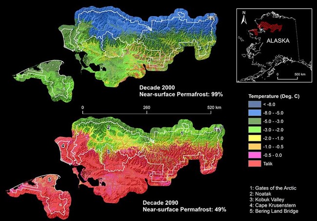 A figure showing modeled loss of permafrost in northern parks.