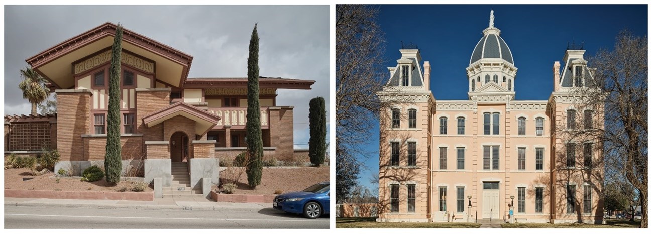 (Left) horizontally massed house made of thin tan bricks and a large overhanging roof. (Right) three-story symmetrical coral painted building with slate-roofed corner turrets and central dome.