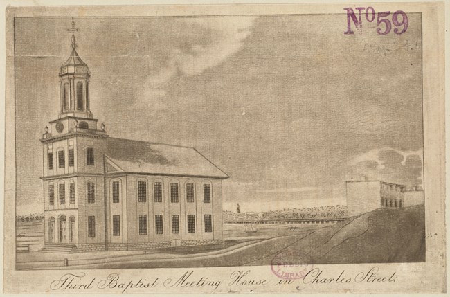 postcard sketch of a two-story church building with steeple