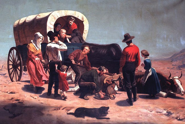 An oil painting of an image of people next to a covered wagon.