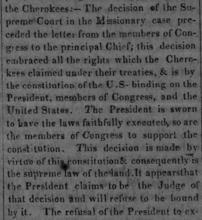 Newspaper article which copies the 1st paragraph of text from Cherokee Phoenix response.