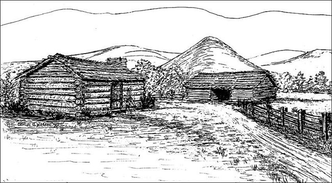 sketch: dirt path leads to 2 single story log cabins with triangle roofs. One has a door, other does not. Trees and a conical shaped hill are behind the cabins.