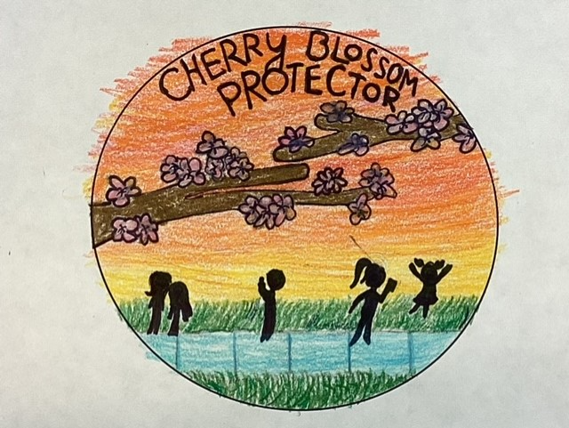 Drawing of two blossoming cherry tree branches entering from either side of a circle against a background of an orange and yellow sky. Below the branches, silhouettes of five children talk, read, dance, and wade into a stream with green grass growing on e