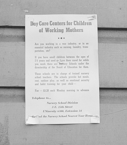 A flier with text posted on a wall; the heading reads: "Day Care Centers for Children of Working Mothers"