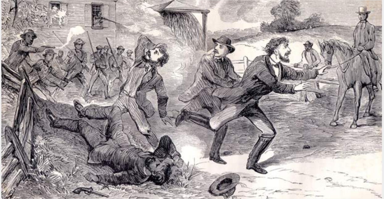 Illustration shows a group of armed Black men in a rural area attacking a group of white men.