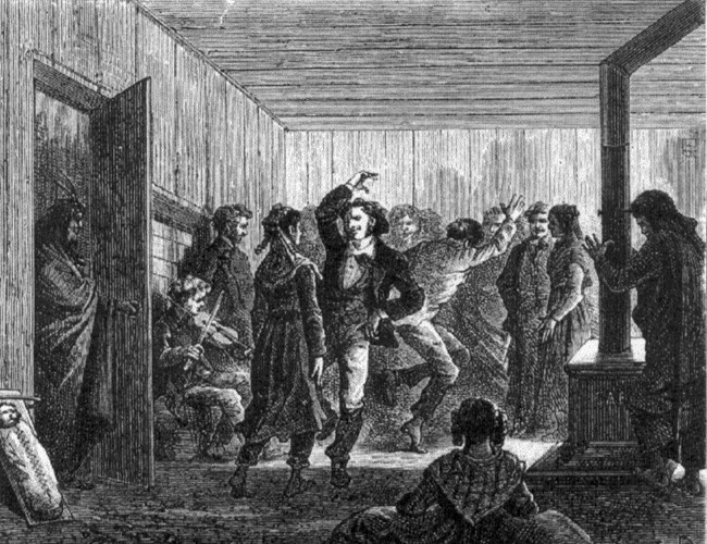 Christmas Ball at Bachelors Hall, York Facotry, National Archives of Canada A black and white sketch shows a small crowd of people at a Christmas ball. Some people are dancing, while others are standing near the walls talking. A seated man plays the fiddle.
