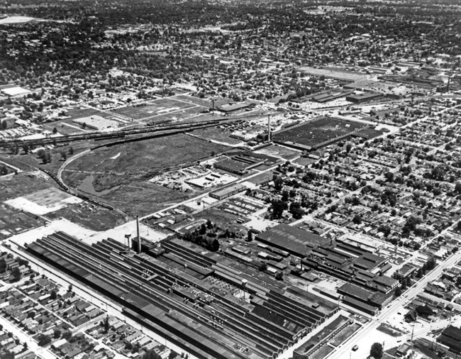 University of Southern Indiana, Rice Library Digital Collections Black and white overhead photo of an industrial complex