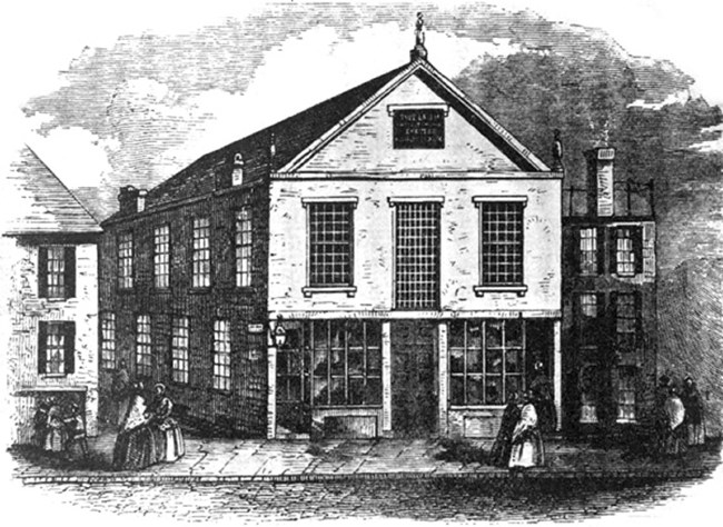 TwelfthBaptist sketch of church building, facing its facade. 2 story house with gambrel roof.