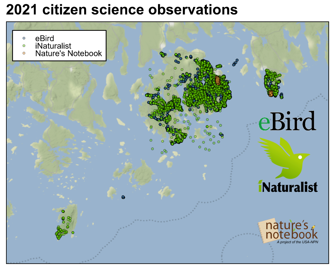 Map of Acadia with dots noting location of citizen science observations