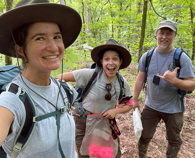 Claire Schmidt with SECN Biological Technician Elizabeth Rico and SECN Botanist Forbes Boyle three people smiling