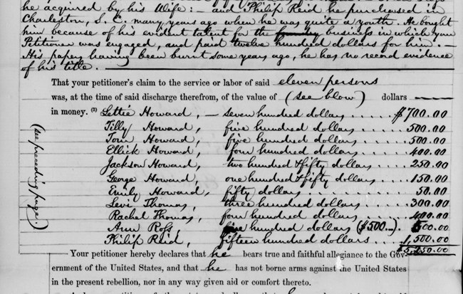 An image of a petition for compensation under the DC emancipation act. The top line records that the value of Clark Mill’s 11 enslaved workers was $5,350. The names of the enslaved and the amount of money requested for them is in a list below.