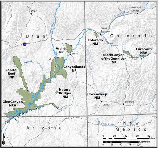 This figure is a map of southeast Utah and southwest Colorado, with small adjacent portions of Arizona and New Mexico. The map shows, in green, the locations of national parks and national monuments from which staff participated in the December 2018 clima