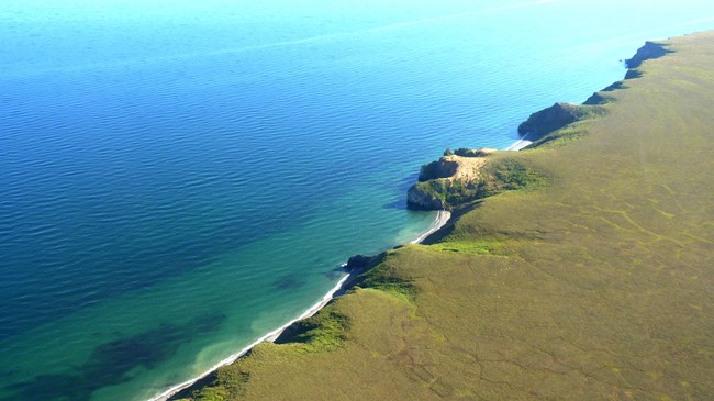 A green coastline drops into an electric blue sea.