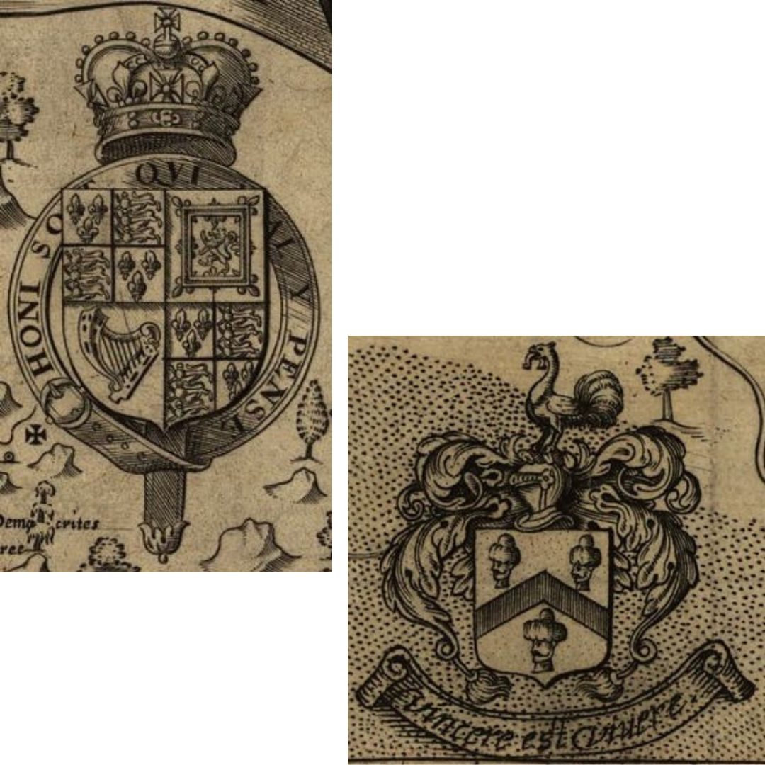 Two Coats of Arms, the English royal coat of arms with a crown and John Smith's which shows the heads of three men he killed at war.