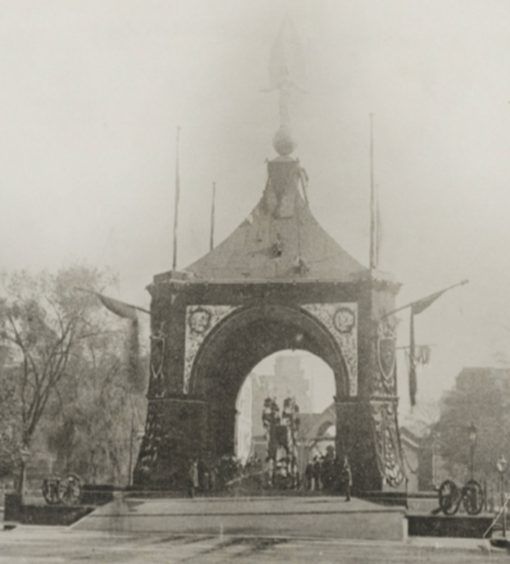 Black and white image that depicts temporary arch way structure that covered the resting place and casket of President James A. Garfield