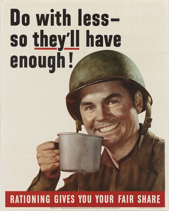 Color illustration. A white soldier in combat uniform and helmet smiles at the viewer holding a mug (assumed to be coffee).