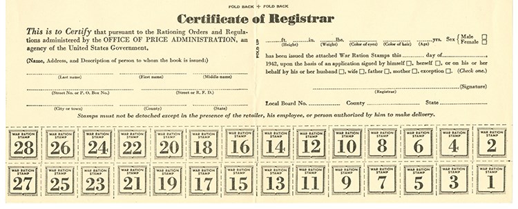 Document, black on white paper. “Certificate of Registrar” has spaces to fill out identifying information of the book owner (name, address, height, weight, etc.). Two rows of numbered “War Ration Stamps,” 1-28.