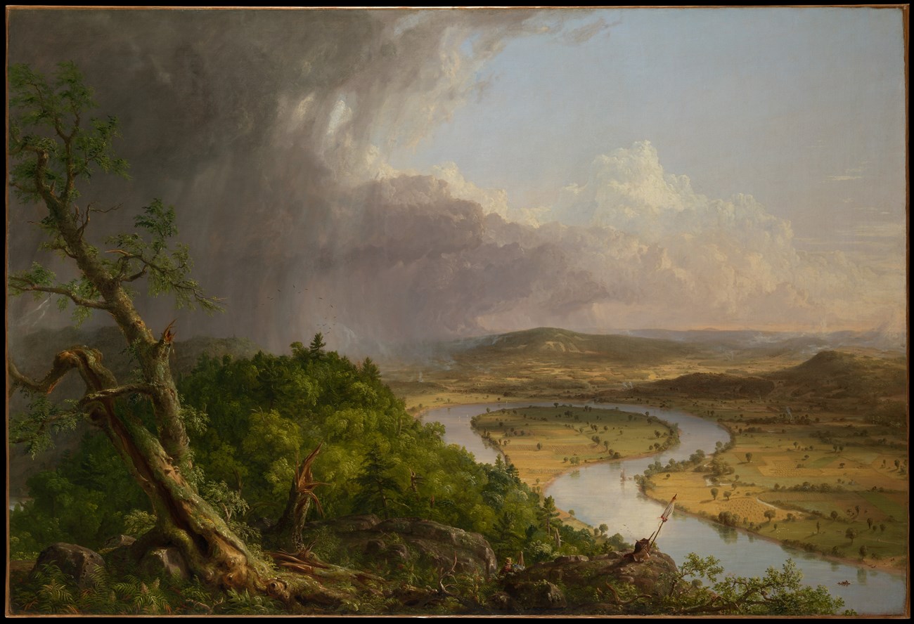 Oil painting of view of a riverbend bathed in sunlight with stormclouds and dead tree at left