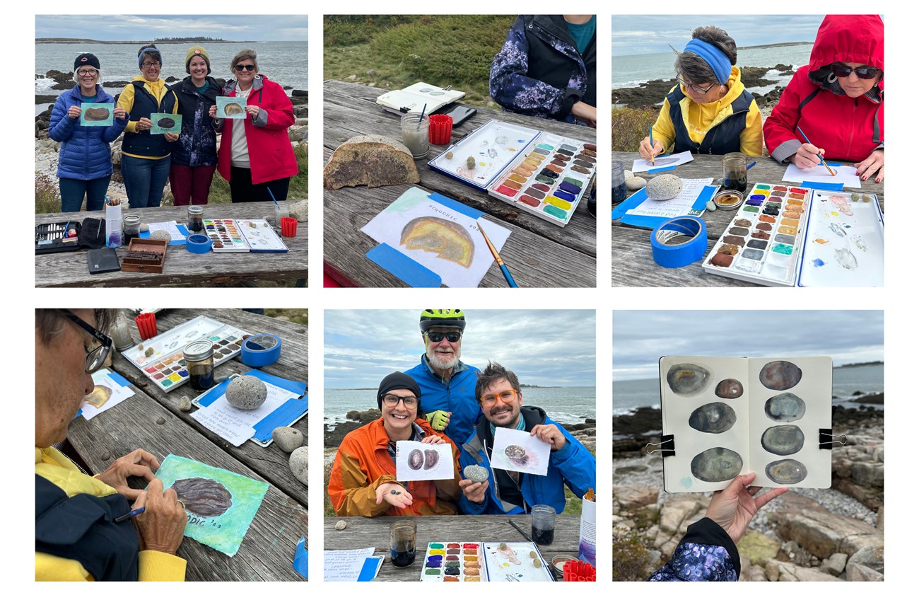 Collection of six images of an artist outreach activity on a picnic table with visitors along the Atlantic coastline