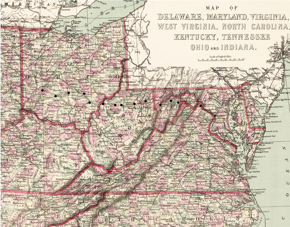 Map of Delaware, Maryland, Virginia, West Virginia, North Carolina, Kentucky, Tennessee, Ohio, and Indiana