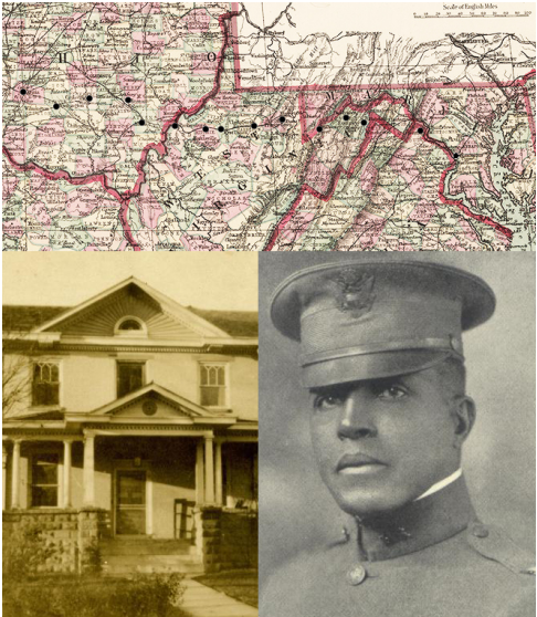 A collage made up of a map of several states, the exterior of a house, and a portrait of a man in a military uniform