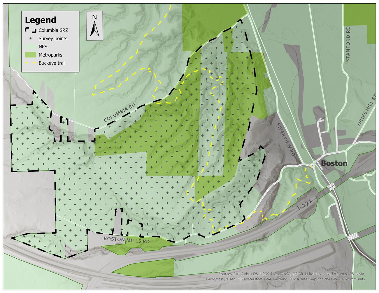 Columbia SRZ Map Map of the Columbia Sensitive Resource Zone (SRZ) showing the border of the zone in black, survey points, NPS and Metroparks ownership in two different shades of green, and the Buckeye Trail in yellow.