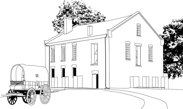 Line drawing of a supply wagon in front of the two story commissary.