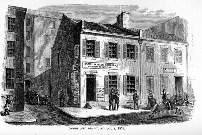 Boggs and Grant building in St. Louis black and white illustration of 19th century 2 story commercial building