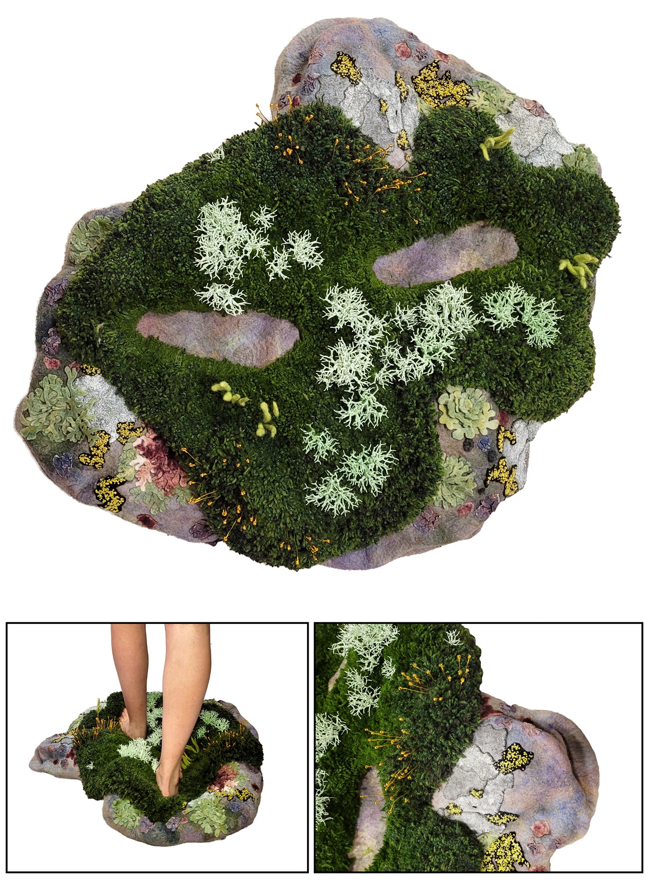 Three images of a textile artwork depicting rocks, plants and lichen