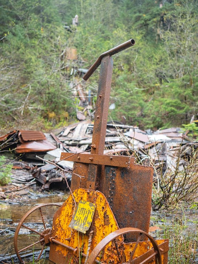rusty old mining equpiment with a pile of mining debris in the forest behind