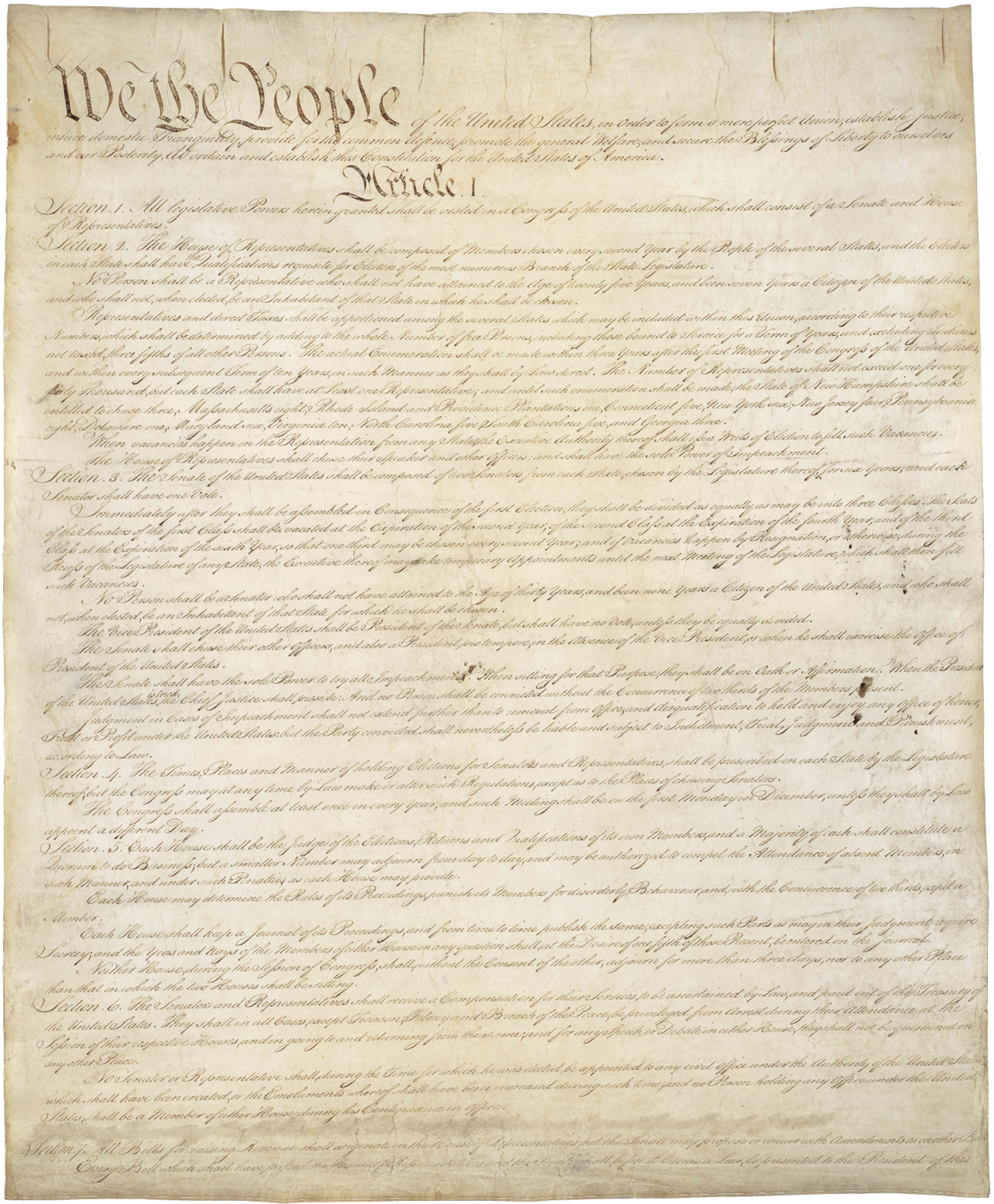 A handwritten document on aged paper; the first page of the US Constitution