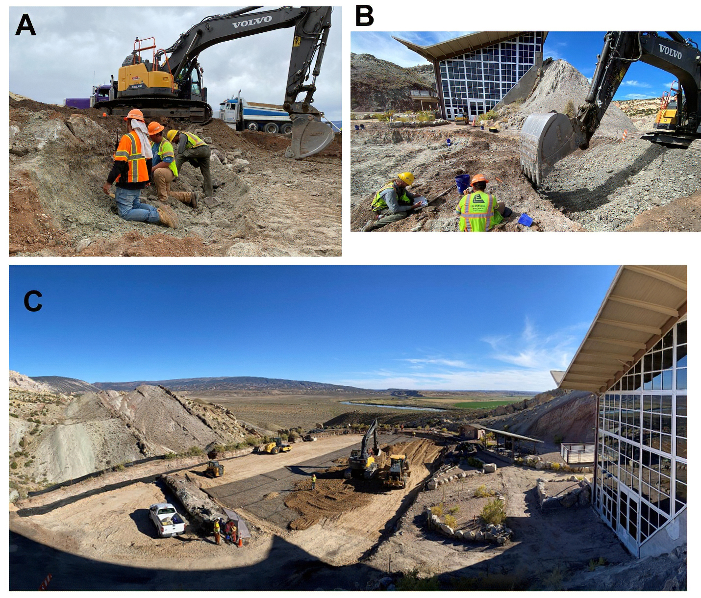 Three images, two on top and one below. Upper left: three people kneeling in rocks in front of backhoe. Upper right: backhoe digging in front of building with two people observing nearby. Lower: parking lot surrounding an island of rock outcrop.