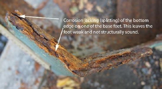 A close up of an L-shaped metal segment that is corroded and flaking. Arrows point to sections of the L with the text "Corrosion jacking (splitting) of the bottom edge on one of the base feet. This leaves the foot weak and not structurally sound."