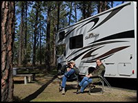 Two people in lawn chairs and heavy coats sitting in Kettle Falls Campground next to their RV.